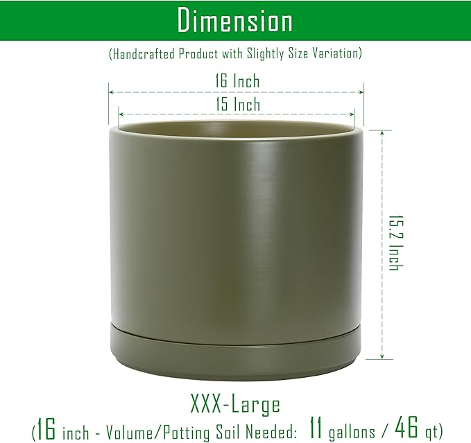 D'vine Dev 16 Inch Ceramic Planter Pot with Drainage Hole and Saucer, Indoor Cylinder Round Planter Pot, Olive, 94-O-H-J