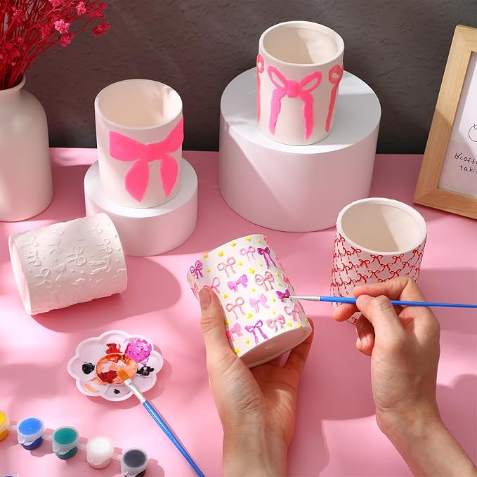 Zubebe 12 Pcs Paint Your Own Valentines Bow Ceramic Pots Bulk Unfinished Succulent Pots Painting Kit with Drainage Hole Mini Paintable Plant Vase Ready to Paint Planter for Valentines DIY Craft