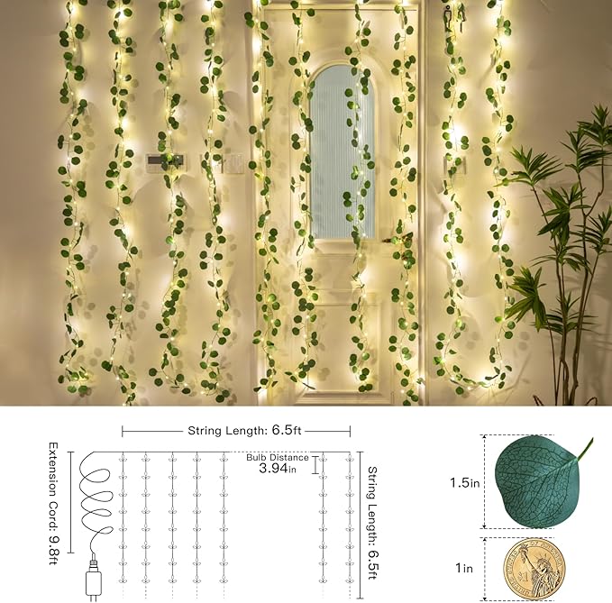 suddus 200 LED Vine with Light Plug in, 6.5ft x 6.5ft Eucalyptus Fairy Curtain Lights with Remote, Leaf Fairy Lights for Wall,Bedroom, Dorm, Wedding, Party, Indoor Decor(Warm White)