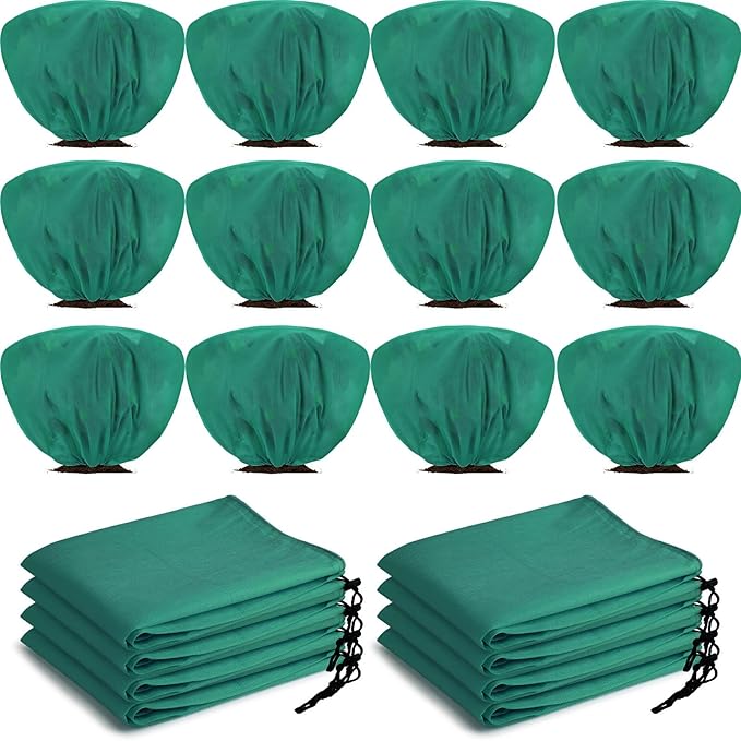 Wesnoy 12 Pcs Winter Plant Covers Freeze Protection 39.4x23.6 Inch Horizontal Shrub Tree Rose Plant Protection Bags Frost Blanket with Drawstring for Fall Winter Outdoor Garden Planting (Dark Green)