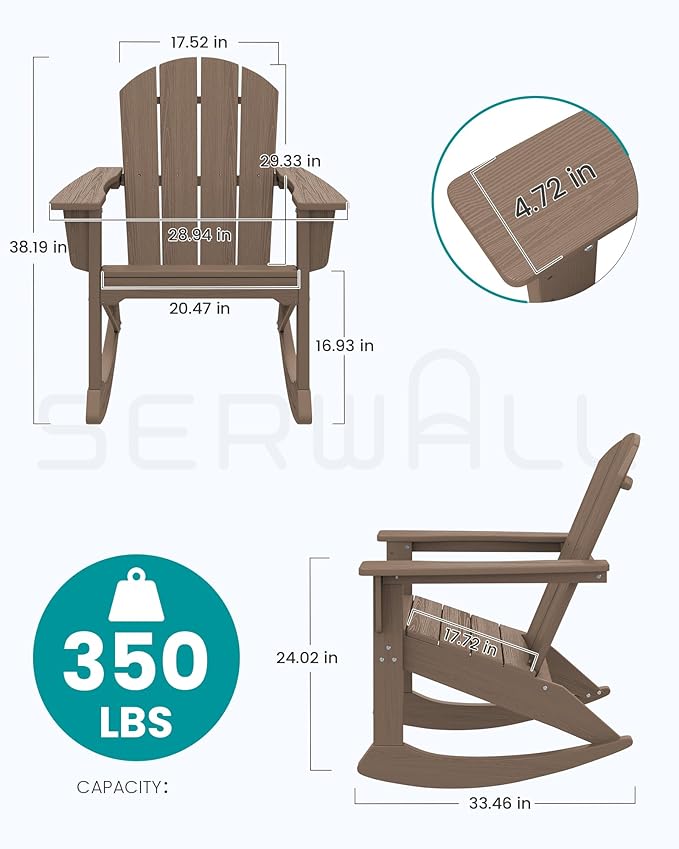 SERWALL Outdoor Adirondack Rocking Chair, All-Weather HDPE Adirondack Rocker Chair, Front Porch Rocker Chairs for Patio Lawn Porch Deck, Coffee