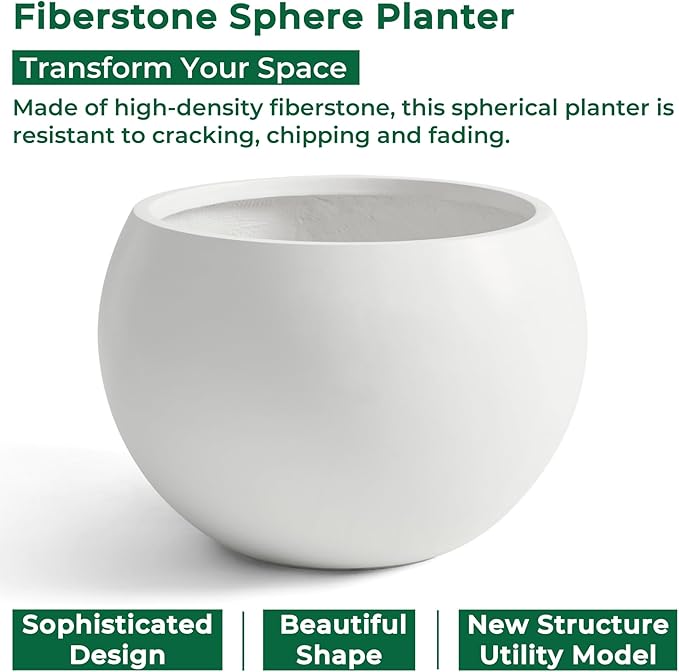 FloraFairy Fiberstone Sphere Planter, 15.8" Dia Round Flower Pot with Drainage Hole and Removable Plug, Plant Pot for Indoor Outdoor Use, 11.8" Opening-10.9" H Medium, White