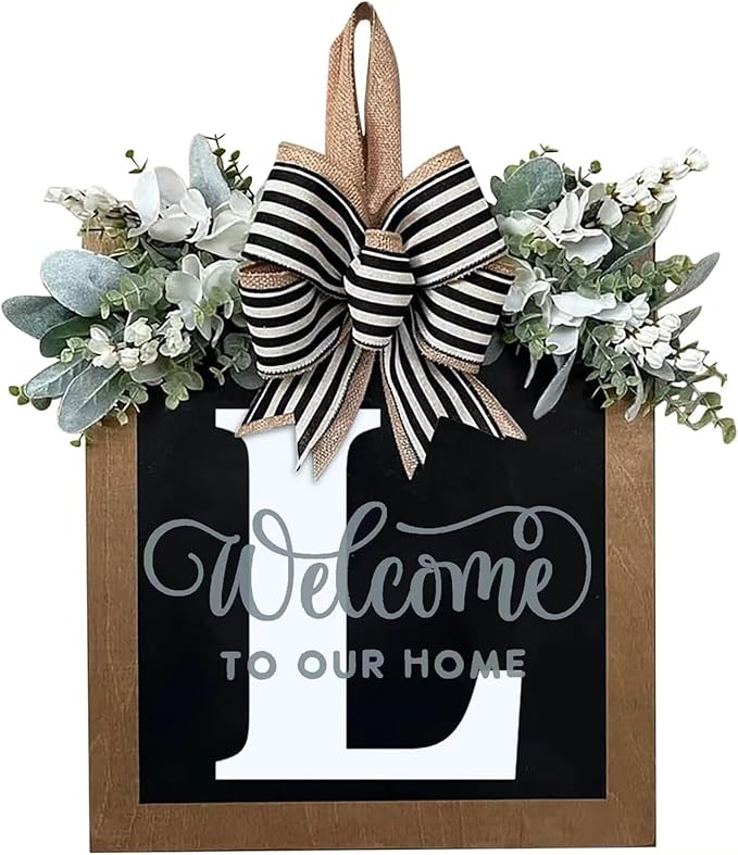Last Name All Year Wreath, for Front Doors, Spring, Fall, 26 Last Name Letters All Year Round Wreaths, Suitable for Wedding Decorations, Home Porches, Farmhouses, Yards, Garden Decorations, Gifts (L)
