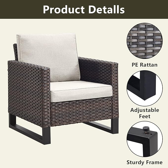 Rilyson Wicker Outdoor Patio Furniture Set - 5 Piece Patio Conversation Set with 2 Wicker Armrest Chairs,2 Rattan Ottoman and 1 Metal Side Table for Outside Porch Deck Backyard Garden(Brown/Beige)