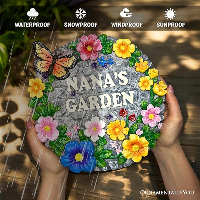 OrnamentallyYou Elegant Resin Stepping Stone, Outdoor Garden Pathway Decoration (Nana’s Garden Floral Stepping Stone, 9.5" Decorative and Gift for Grandmother)