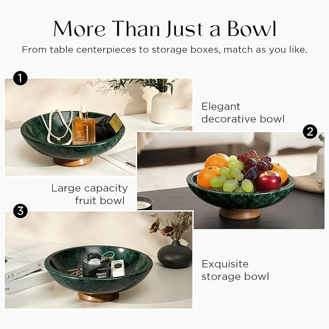 SAMAH Green Marble Fruit Bowl with Acacia Wood Pedestal, Large Decorative Footed Bowl, Natural Stone Centerpiece for Kitchen Counter, Entryway, Keys, Dining Table, House Warming Gifts New Home(11Inch)