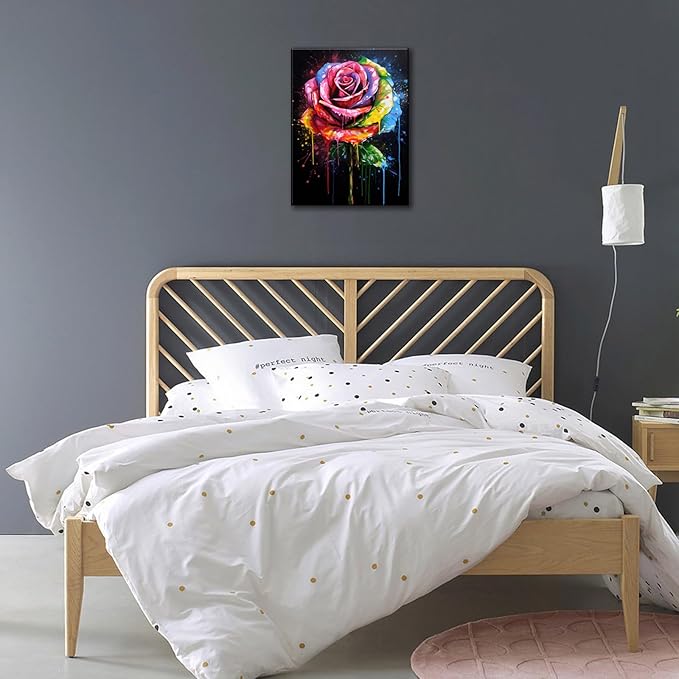 FUNHUA Abstract Rose Flowers Wall Art Colorful Rose Graffiti Canvas Painting Rainbow Flower Bloom Closeup Picture Framed Artwork for Living Room Bathroom Bedroom Home Decorations 12x16inches