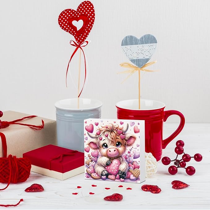 Valentines Decor, Valentines Day Decorations, Highland Cow Valentine's Gifts for Boyfriend Girlfriend, Pink Valentine's Table Decor Highland Cow Decoration Gifts, Office Wooden Decor Signs