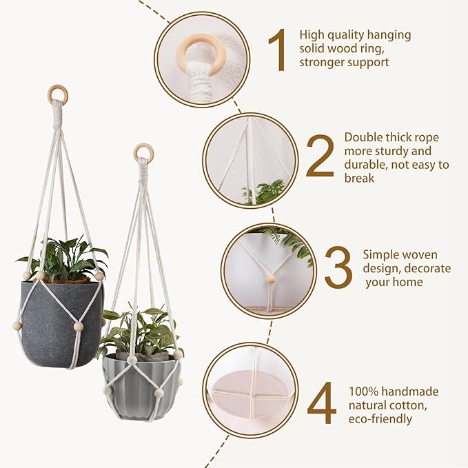 Artilady Hanging Planter for Indoor Plants Macrame Plant Hanger Large Hanging Plant Holder with Adjustable Beads Plants Basket White Rope Boho Plant Wall Decor (White Bead)
