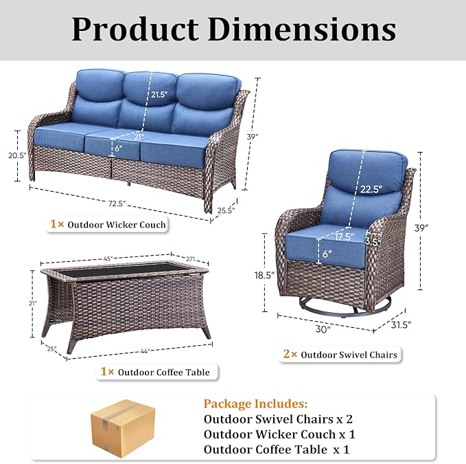Luxury High Back Patio Furniture Set with 6-Inch Thick Cushions, 4-Pieces Outdoor Furniture with Swivel Chairs, Wicker Conversation Set for Porch, Balcony, Deck and Yard, Brown/Blue