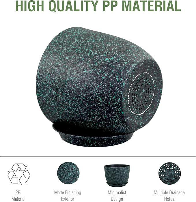 Meowell 12 inch Large Plant Pots, Plastic Planters with Drainage Holes and Saucers, Flower Pots for Indoor Outdoor Plants, Decorative Pots for Garden House Plants, Black with Green Speckles