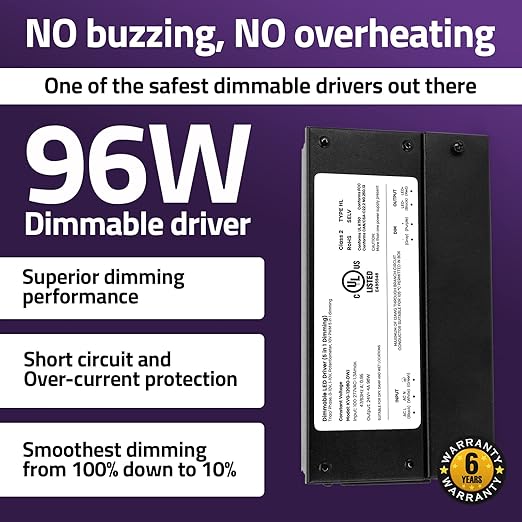 HitLights 24V 96W Dimmable LED Driver – Smooth Flicker Free Dimming – TRIAC, 0-10V, Phase Cut, & 10V PWM – Compatible with Lutron and Leviton Dimmer Switches, UL Listed, Class 2, 100-277V AC – 4A DC