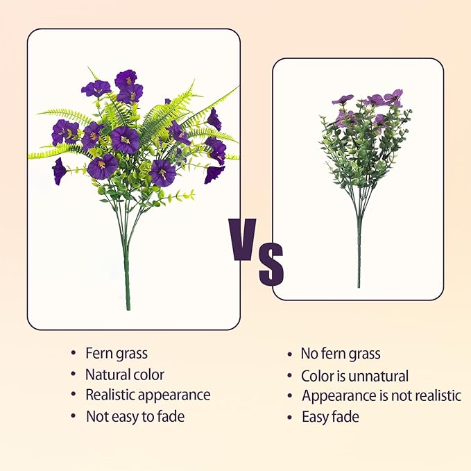HIAGROW Artificial Flowers Outdoors 12 Bundles Artificial Petunias Fake Flowers UV Resistant Shrubs Plants with Fern for Indoor Outside Hanging Planters Home Garden Summer Decorations (Purple)