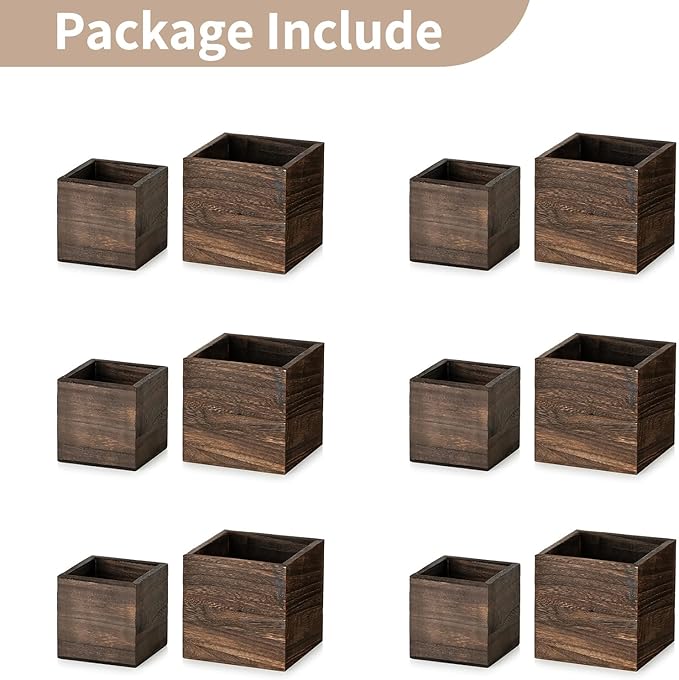 NUPTIO Wooden Box for Centerpiece Wedding: 12 Pcs Rustic Square Planter Box for Christmas Table Fall Decorations - 4×4" & 5×5" Small Wood Vases Flower Pots for Windowsill Home Garden Decor