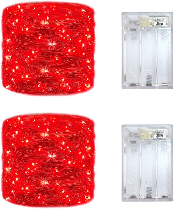 2 Pack Battery Operated Mini Lights,Indoor Led Fairy Lights with Timer 6 Hours on/18 Hours Off for Wedding Party Decorations,50 Count LEDs,18 Feet Silver Wire (Red)