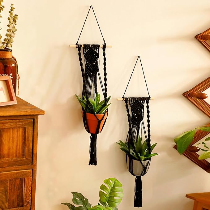 Artilady Black Plant Hanger Macrame Hanging Planter for Indoor Boho Plants Holder with Hooks Hanging Plant Basket Outdoor Window Wall Plants Home Decor (Black Wood Hanger)