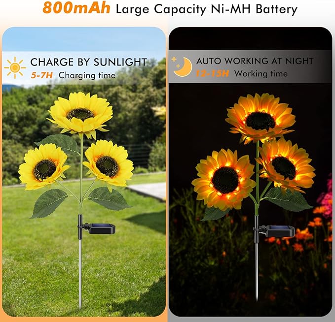 Meagoo Solar Sunflower Lights, 800mA Solar Garden Light with Real Looking Flowers Outdoor Waterproof Solar Stake Lights for Back Yard, Flower Bed, Pathway, Patio, Porch, Fall Decoration (4 Pack)