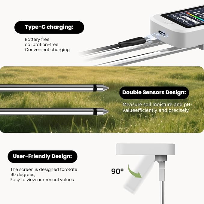 TERRU 6-in-1 Soil Moisture Meter with pH, Nutrient, Sunlight, Temperature & Humidity | Multi-Function Tester for Garden, Lawn and Indoor Plants | Factory-Permanent Calibration