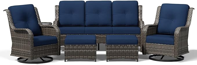 Joyside 6 Piece Wicker Patio Furniture Set, Outdoor Swivel Rocker Patio Chairs with High Back, Deep Seating, Wide Armrest, Thickened Cushions, Outdoor Furniture for Deck, Porch Use