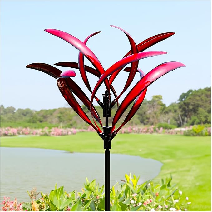 Cyan Oasis 82 inch Wind Spinners Outdoor - Extra Large Metal Wind Sculptures & Spinner with Stake, Big Clearance Windmills for The Yard and Garden, Tall Yard Art Decor-Burgundy Red