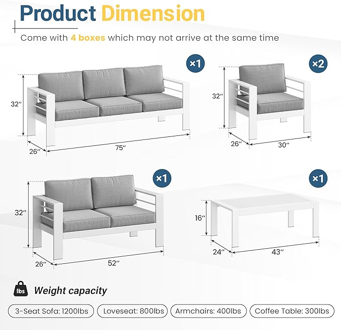 Wisteria Lane Aluminum Patio Furniture Set for All Weather, Oversized Metal Outdoor Furniture Set with 27.5" Deep Seat and 10" Back Cushion, Patio Conversation Sets with Wide armrest, White