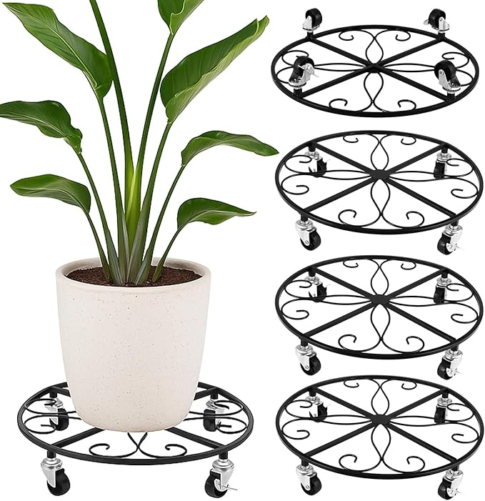 4 Pack Plant Caddy with Wheels 16 Inch Rolling Plant Stand for Large Plants Heavy Duty Plant Rollers Metal Plant Dolly Rustproof Planter Stand Wrought Iron Plant Stands Flower Cart Indoor Outdoor