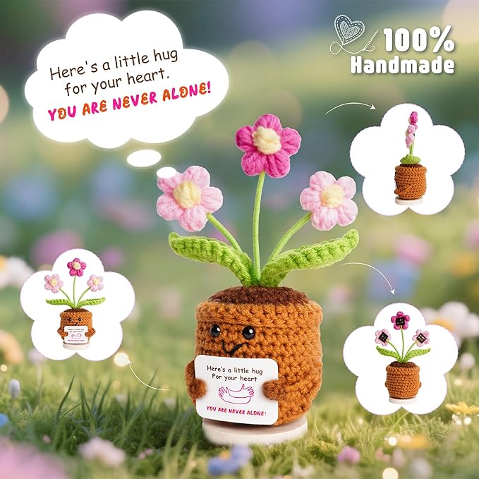 penzoos Emotional Support Plant, Handmade Crochet Potted Flower with Inspirational Message Card, Pink Petal Knitted Daisy, Stress Relief Gift for Christmas, Friends, Family, and Coworkers