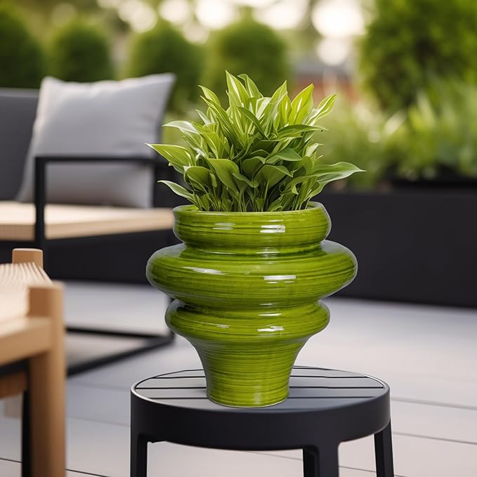 Teagas Ceramic Pot for Plants 11 Inch - Plant Pot for Indoor Outdoor, Decorative Bonsai Planter with Drainage Hole, Flower Pots for Office, Gift for Men Women, Green