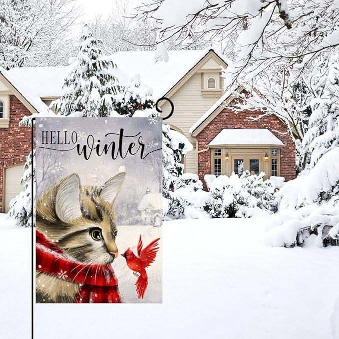 Winter Cat Garden Flag 12x18 Vertical Double Sided Cardinal Bird Snow Christmas Holiday Outside Decorations Burlap Yard Flag BW230