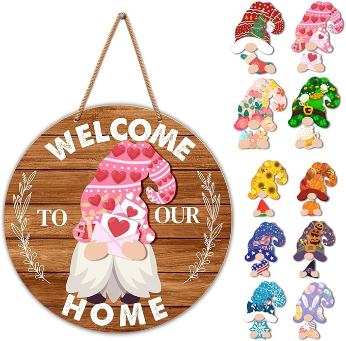 Interchangeable Gnome Welcome Sign Valentine's Day Door Wreath for Home, Gnomes Front Porch Decor Seasonal Wall Hanging Wood Wreath for Spring Summer Fall Winter All Seasons Holiday, Caramel