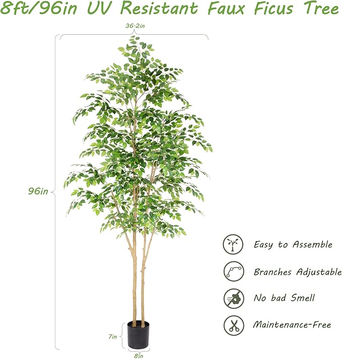 Tall UV Resistant Ficus Tree Artificial，8ft(96in) Realistic Texture Potted Faux Ficus Tree， Fake Trees Indoor Outdoor for Home Office Living Room Bedroom Foyer Porch Decor.