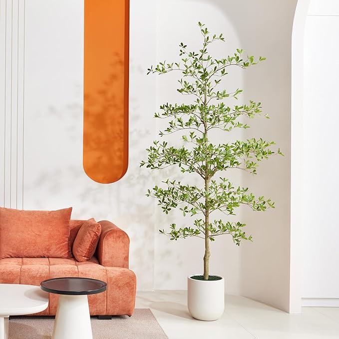 8FT Artificial Black Olive Tree Indoor with White Planter – Tall Luxury Faux Olive Tree, Mediterranean Architectural Statement Decor for Living Room & Office,VN232