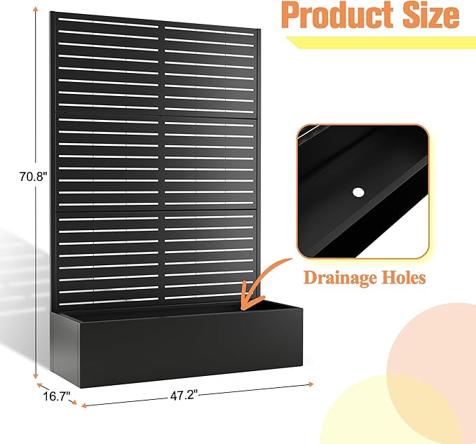 Metal Planter Box with Trellis & Wheels, Raised Garden Bed with Privacy Screen, Outdoor Standing Flower Beds with Drainage Hole for Climbing Plants, Vine, 47" Lx16 Wx71 H, Black-Louvered
