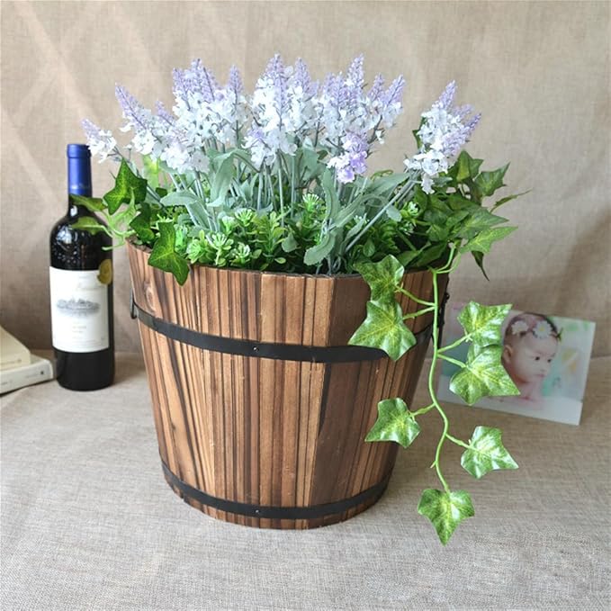 Wooden Round Barrel Flower Pot Planter with Breathable Bottom Hole for Home Office Garden Decor 7.08X5.9 Inches