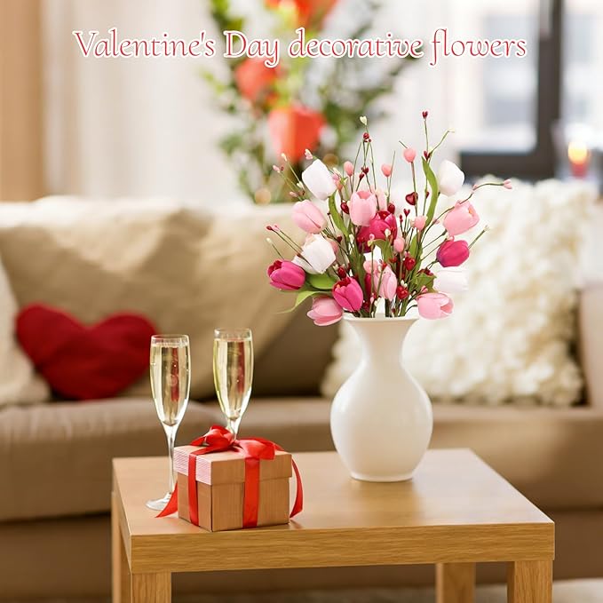 4Pcs Artificial Tulips Twigs Mother's Day Decorations Pink Tulip Berry Stems for Easter Day Anniversary Flower Bouquets Wedding Home Decor