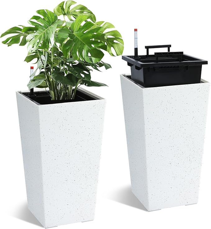 22.5'' Tall Planters for Outdoor & Indoor, Self Watering Plant Pots Set of 2 with Water Level Monitor & Drainage, Automatic Watering for Patio Garden, White