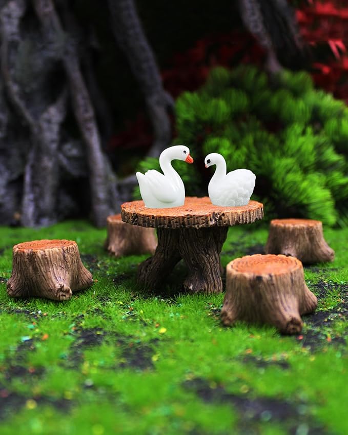 Inkaove Miniature Garden Furniture Resin Table Chairs Figurines, Fairy Garden Accessories Furniture Outdoor Stumps Ornaments Kit, Micro Landscape Garden Ornament for Outdoor Indoor Landscape Decor