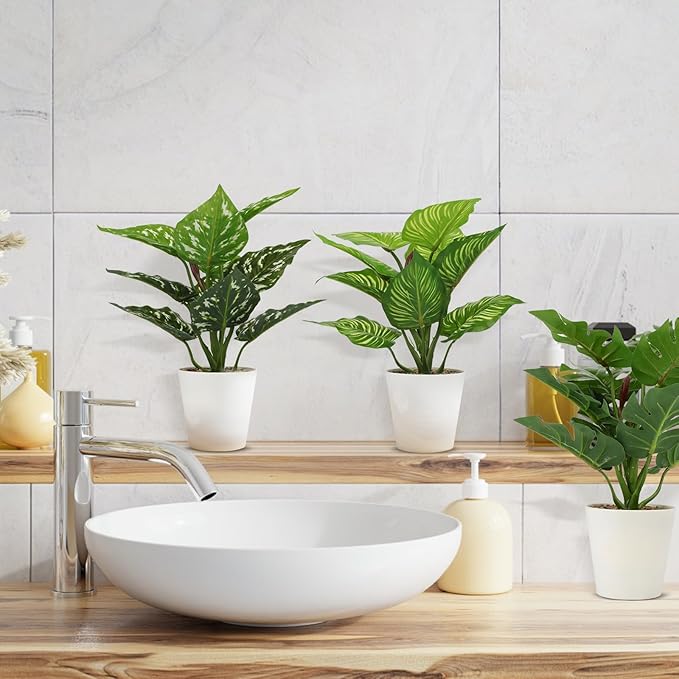 HNCSDD 11.8 Inch 3 Pcs Small Fake Plants Artificial Potted Plant Indoor Faux Tropical Plant for Home Office Table Shelf Desktop Décor