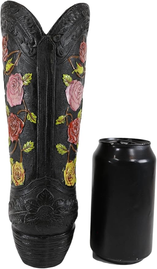 Ebros Gift Rustic Western Black Faux Tooled Leather Cowboy Cowgirl Boot with Colorful Rose Flowers and Angel Winged Heart Decorative Figurine Or Floral Vase Planter Table Countertop Accent