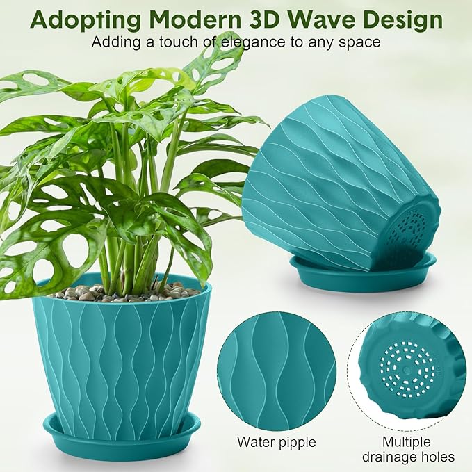Acellegic 24 Pack 4 Inch Small Pots for Succulents, Waffle Texture Pots with Tray, Plastic Planter with Drainage Holes and Saucers, for Indoor Outdoor Plants Flowers, Seedlings (Lake Green)