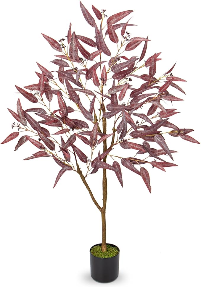 Briful 4ft Artificial Eucalyptus Tree in Black Pot, Realistic Silk Potted Floor Plant Eucalyptus Plant for Home Decor Indoor Outdoor Patio Office, Burgundy Leaf