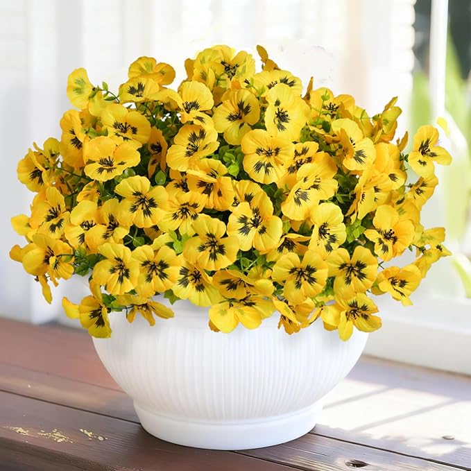 SupBri 12 Bundles Artificial Flowers for Outdoor, UV Resistant Fake Pansy Flowers, Silk Faux Fowers for Outdoor Planters Home Garden Office Patio Front (12,Yellow)