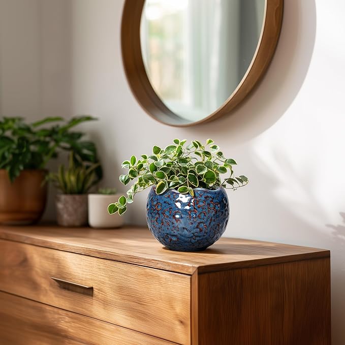 Thirtypot Ceramic Pots for Plants - 4 inch Plant Pots for Indoor Outdoor, Small Planter with Drainage Hole, Unique Flower Pot, Decorative Modern Round Planter, Office Decor, Home Gifts, Retro Blue