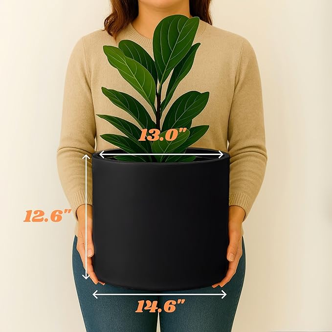 Fox & Fern 14.6 Inch Extra Large Planter — Premium Lightweight Fiberstone Matte Black Plant Pot with Drainage Plug - Big Planter for Indoor & Outdoor Use - Weather Resistant & UV Resistant
