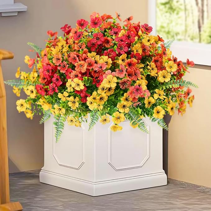 Pinenoya Artificial Faux Plants Flowers Outdoor Decoration,18 Bundles Fake Silk Colorful Daisy Eucalyptus Realistic UV Resistant for Outside Home Planter Porch Patio Yard Decor (Yellow Red)