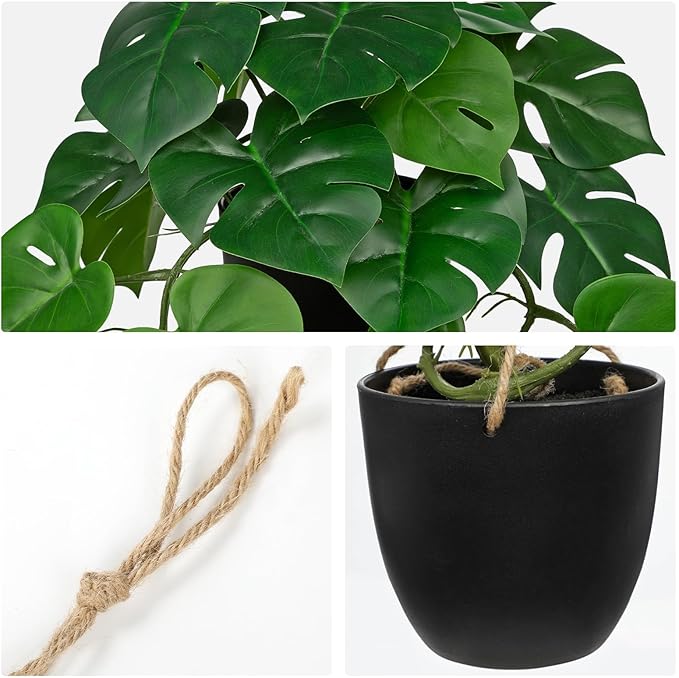 Fake Hanging Plant Artificial Monstera Plant Faux Greenery Leaves in Black Pot for Wall Bedroom Office Desk Bathroom Indoor Outdoor Home Decor