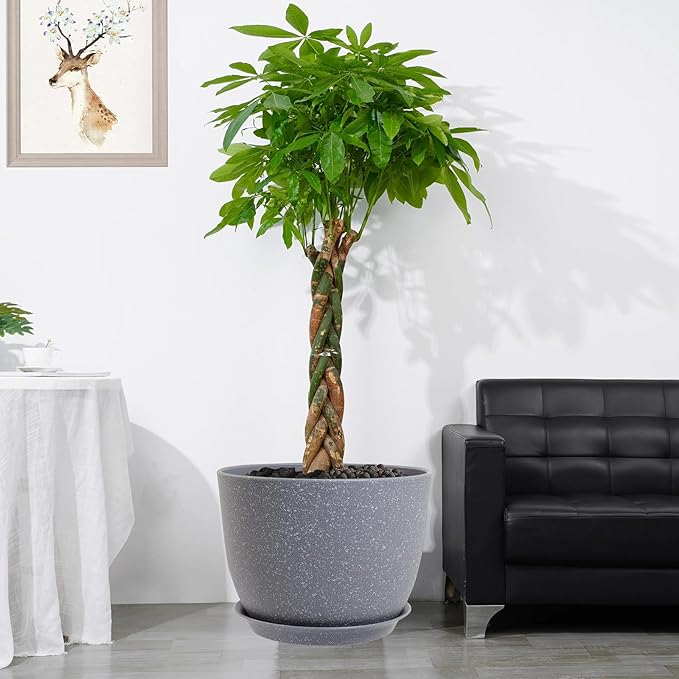 UOUZ 12inch Large Plant Pot, Modern Plastic Planter with High Driange Holes and Saucer for Indoor Outdoor Garden Plants and Flowers, Grey Speckles