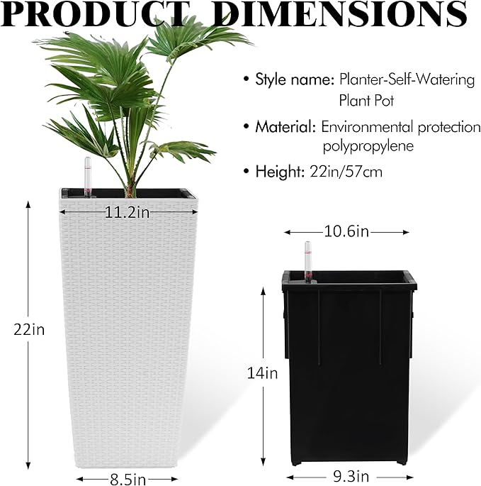 Vigo huseeo 23in Tall Planter Set of 2, Large Self Watering Pots for Indoor/Outdoor Plants with Drain Holes, Water Level Monitor, Inner Bucket for Front Porch Patio, White Rattan
