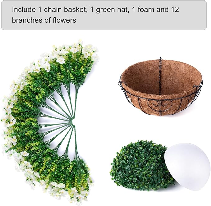 Artificial Fake Hanging Flowers Plants Baskets Spring Outdoor Decor, Outdoor Faux Silk White Morning Glory Eucalyptus in Planter UV Resistant Realistic for Outside Porch Patio Balcony Garden Yard Home