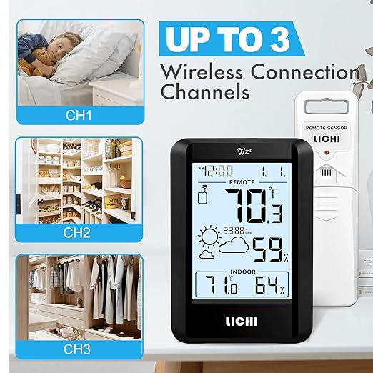 Indoor Outdoor Thermometer Wireless Weather Station Inside Outside Thermometers Hygrometer Monitor,with 330ft Range Remote Sensor, Battery Powered Backlight Display